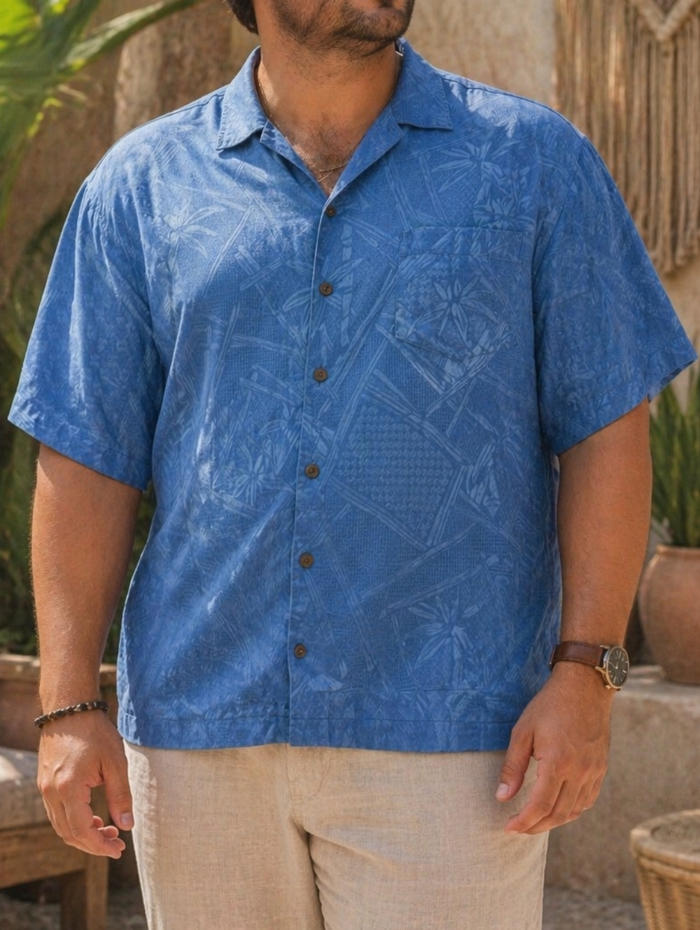 Jamaica Jaxx 100% Silk Blue Tropical Button-Up Polo Shirt Hawaiian Camp Aloha